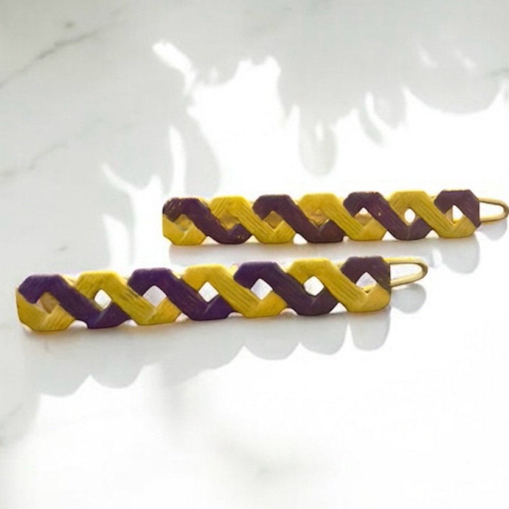 Vintage‎ 1970’s Dainty Feminine French Hair Clips Yellow & Purple, Unworn